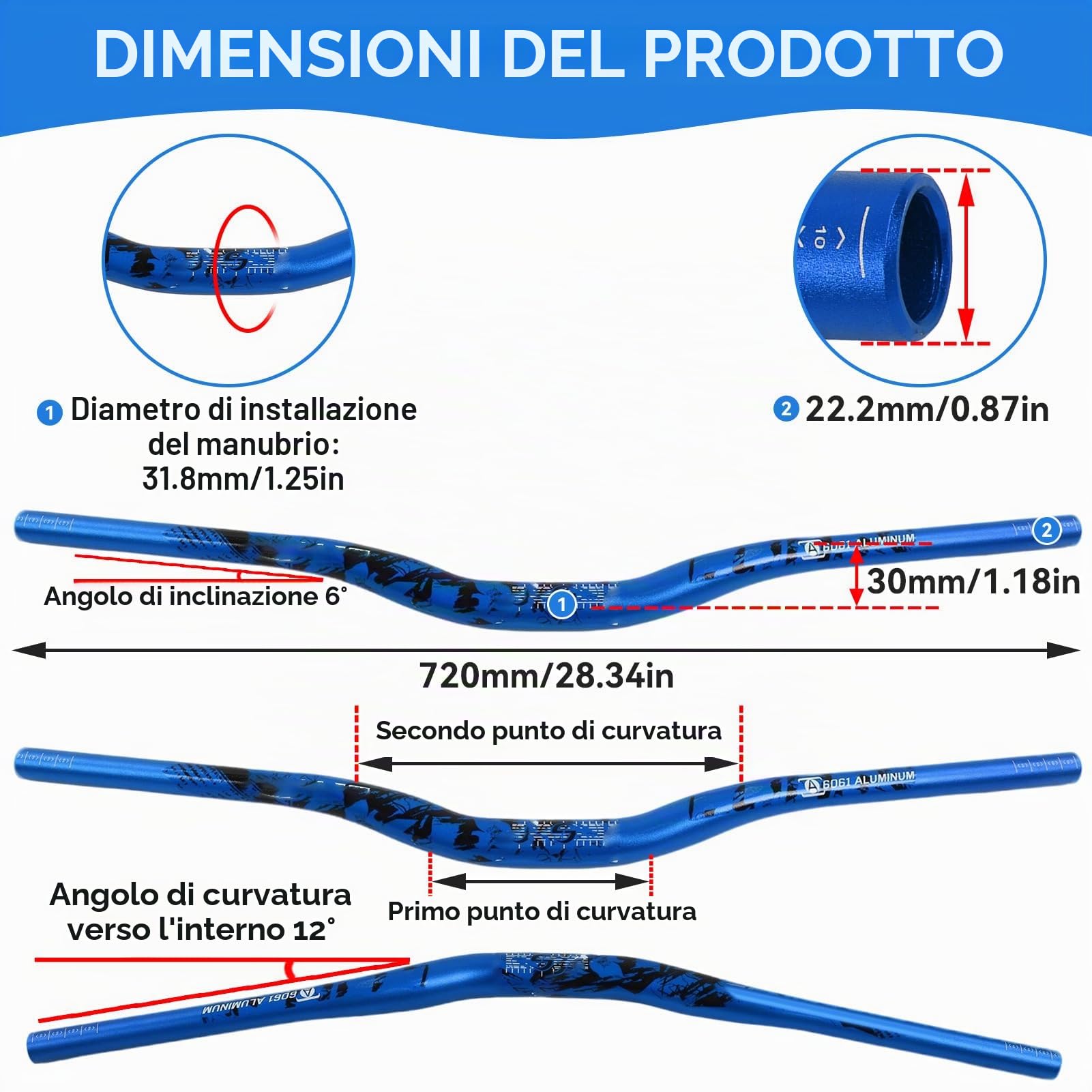 Agatige MTB Mountain Bike Bicicletta Manubrio Extra Lungo Lega di Alluminio 31.8x720mm 700mm Riser Bar(Blu)