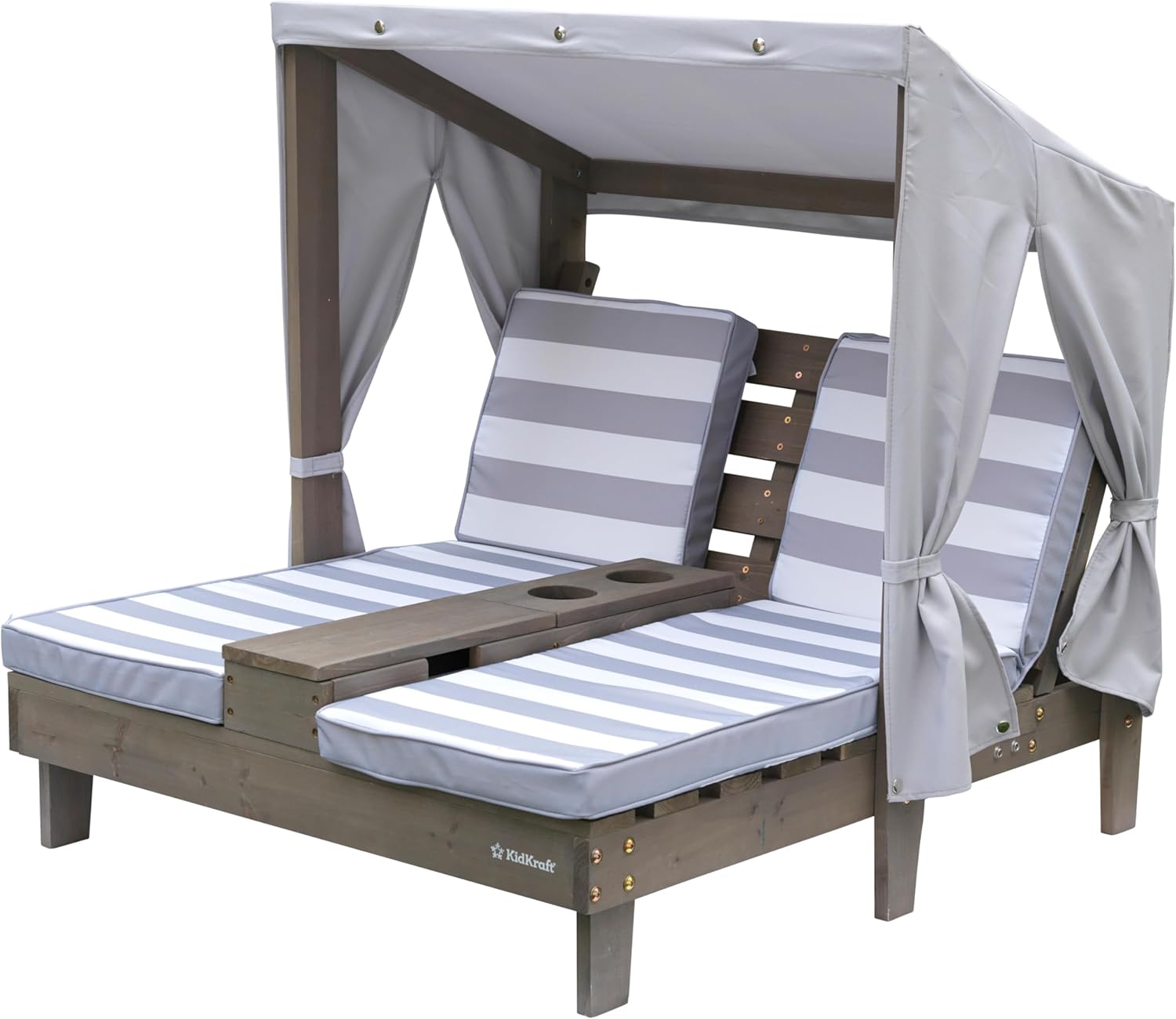 KidKraft Wooden Outdoor Double Chaise Lounge with Cup Holders and Cushions, Kid's Patio Furniture, Gray