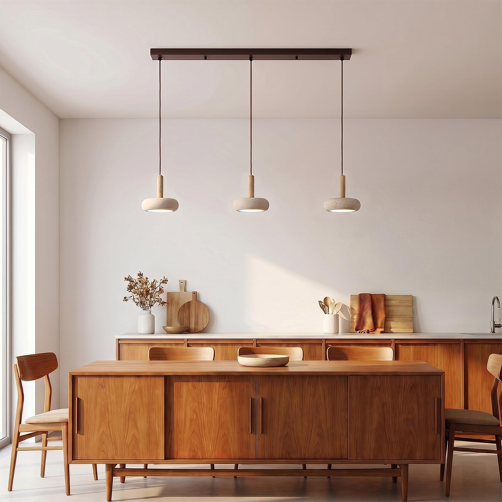 Lustre Suspendu LED 3 Têtes Style Japonais Wabi Sabi Luminaire Travertin Jaune Luminaires Bois Hauteur Réglable Lustres Moderne Adapté Au Salon Cuisine Chambre Salle À Manger Tige En bois