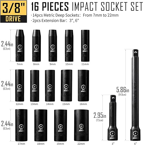 Miniatura 3 de BOEN Juego de 19 piezas, incluye juego de llaves métricas de impacto profundo de 3/8 pulgadas, 1/4 pulgadas, 3/8 pulgadas, 1/2 pulgadas, juego de