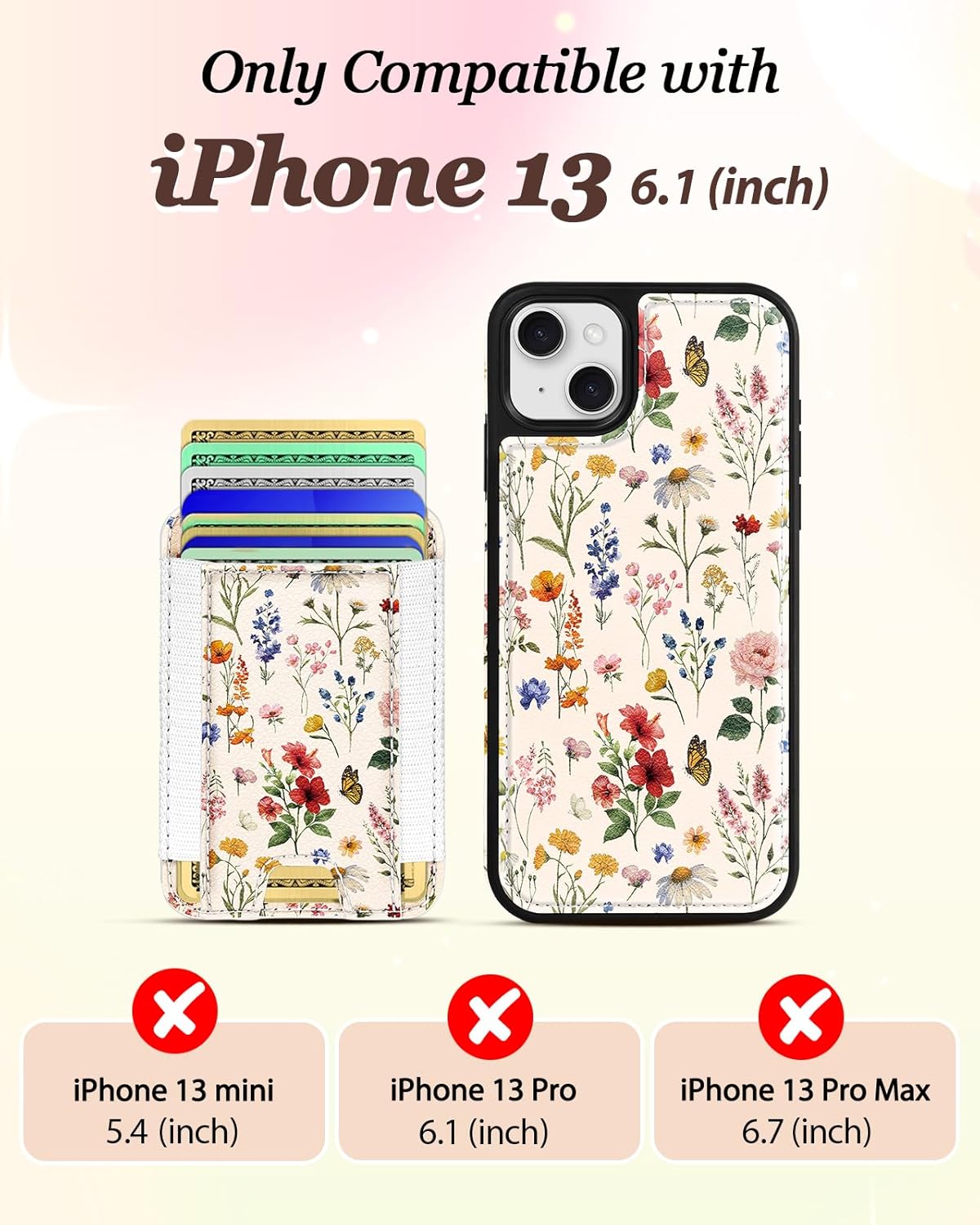 Shorogyt for iPhone 13 Wallet Case - Fits 5 Cards, Compatible with Magsafe Detachable Magnetic Credit Card Holder Leather Cardholder Cute Phone Cover Women Girls for Apple 13, Floral - Image 2