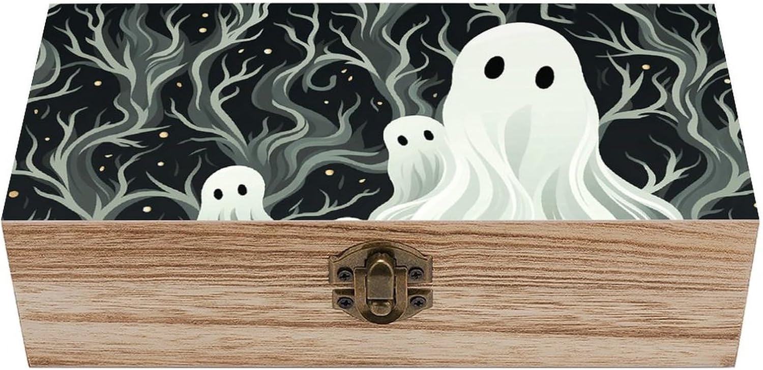 White Patterned Ghost Wooden Box with Hinged Lid, Large Photo Storage Box for Women Men, Keepsake Treasure Chest Boxes, Jewelry Organiser Case, Memory Case, 7.9'' X 3.9'' X2.3''