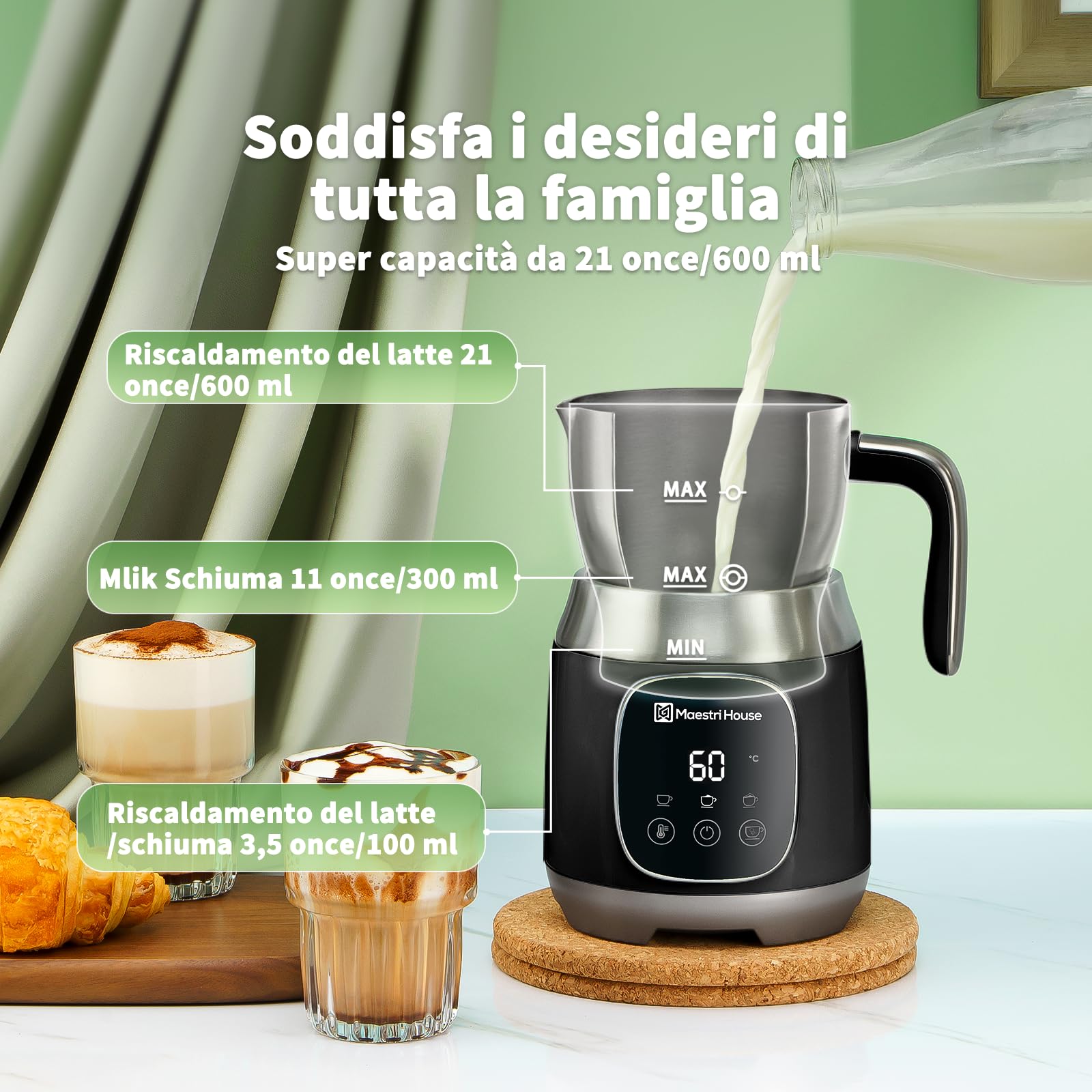 Maestri House Montalatte Elettrico per Latte 600ml con Temperatura Variabile e Forza della Schiuma, Controllo Touch Smart, per Cappuccino, Cioccolata Calda e Latte,DualFro 600