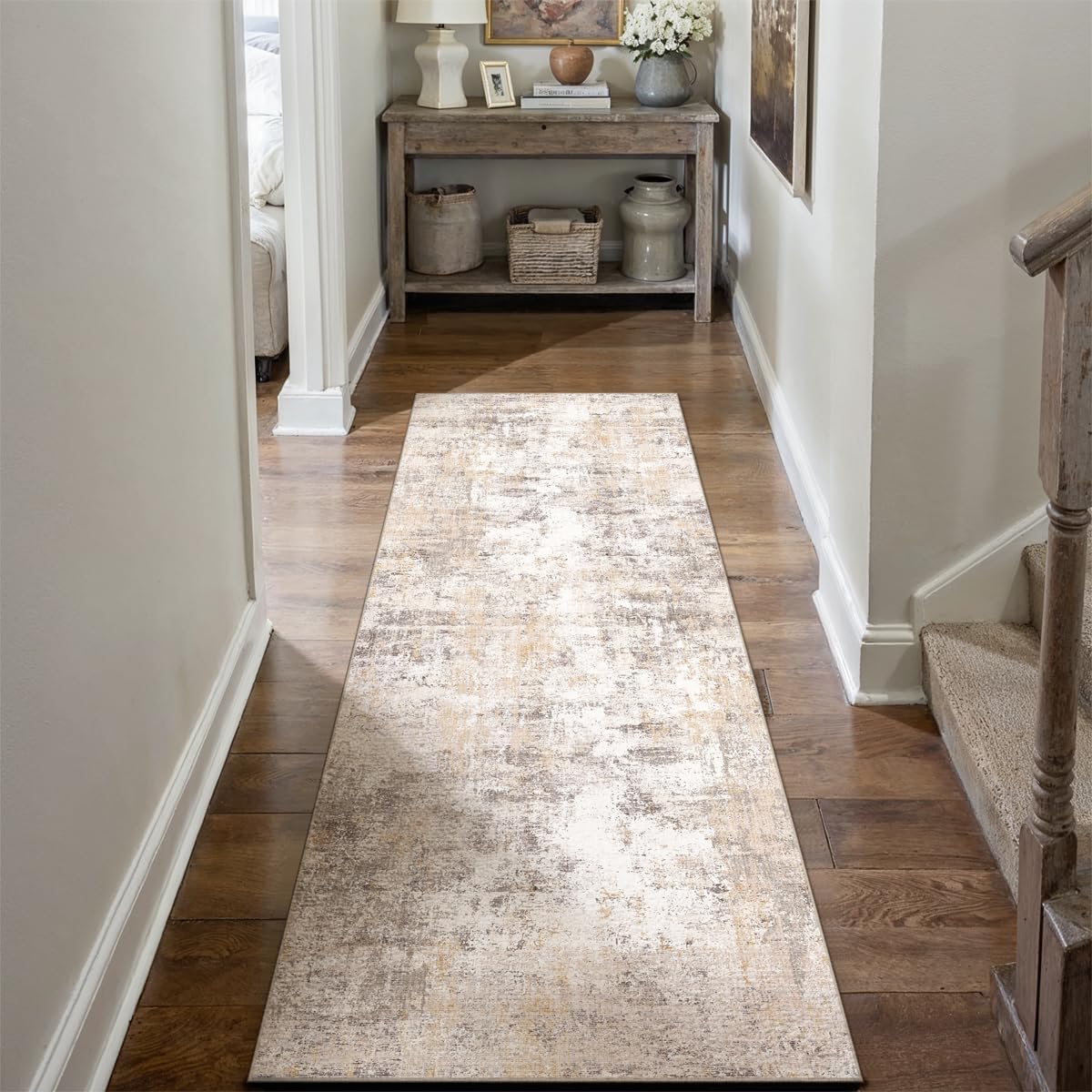 2x6 Washable Runner Rug Beige Grey Neutral Abstract Hallway Kitchen Living Room Bedroom Non Slip Throw Rug Soft Low Pile Indoor Carpet for Entrance Laundry Bathroom 2' x 6' (Runner) Beige/Grey image 5 of 9 B0D86ZK8K7