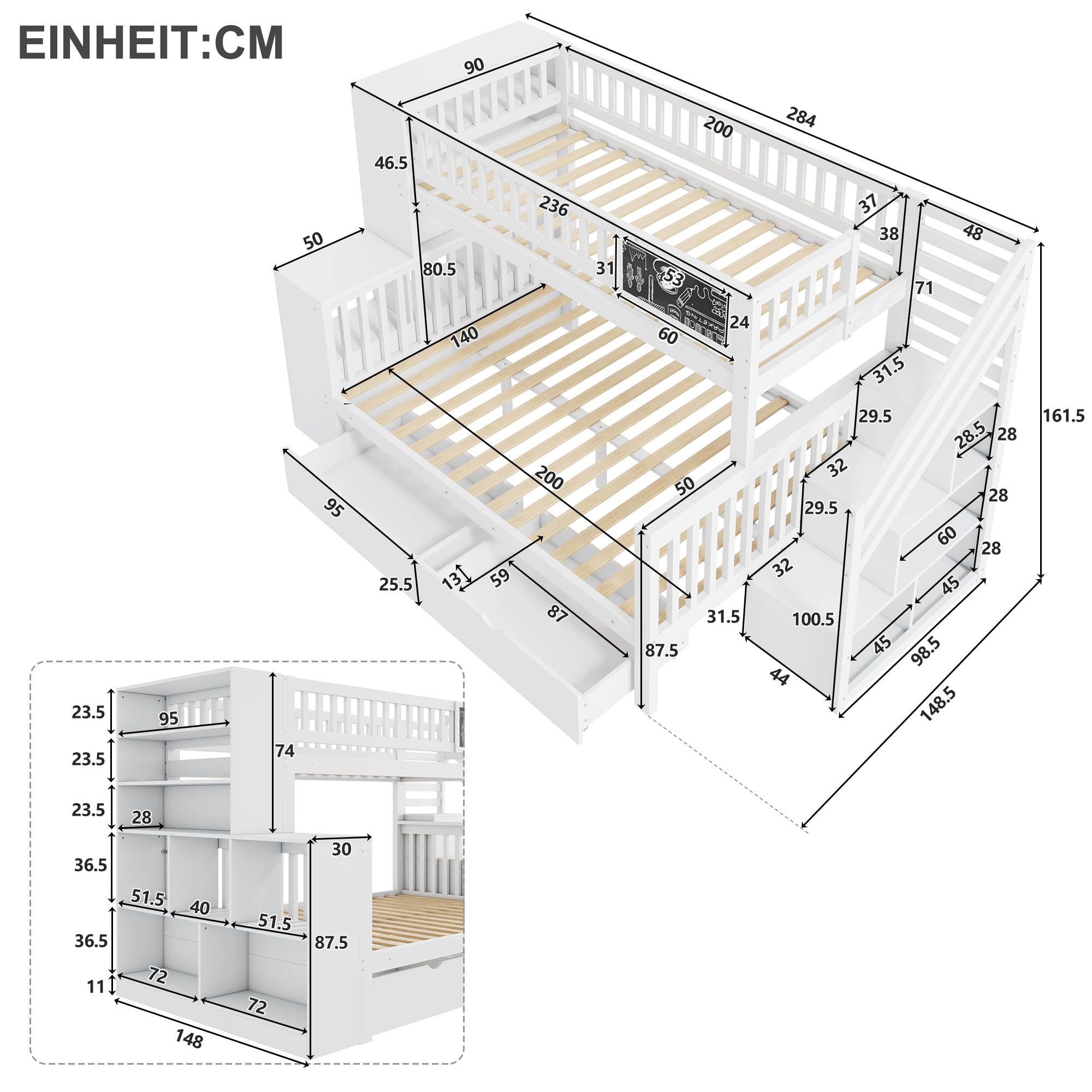 Letto a castello 140 x 200 | 90 x 200 cm, Scala di Sicurezza -Salvaspazio con vani portaoggetti, 2 cassetti, Libreria Grande a 6 Ripiani, Pino Robusto Bianco, 3 adolescenti e adulti