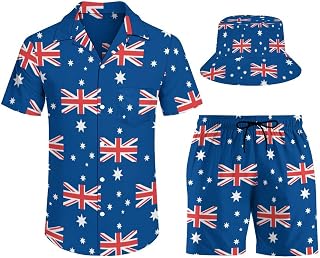 Zakqeik Men's Australian Flag Fashion Short Sleeve Short Sets 3 Piece Outfits Shirt,Shorts And Outdoor Fishing Hat