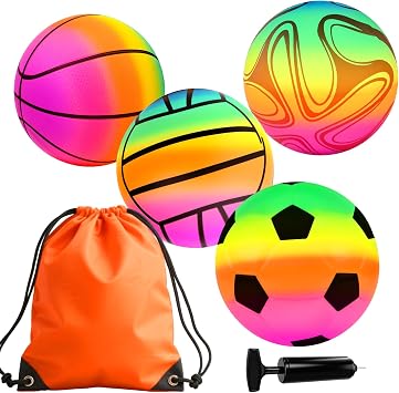8.5'' Colorful Playground Balls, Inflatable Balls for Kids and Toddlers with Air Pump, Basketball, Volleyball, Soccer for Playground, Indoor and Outdoor