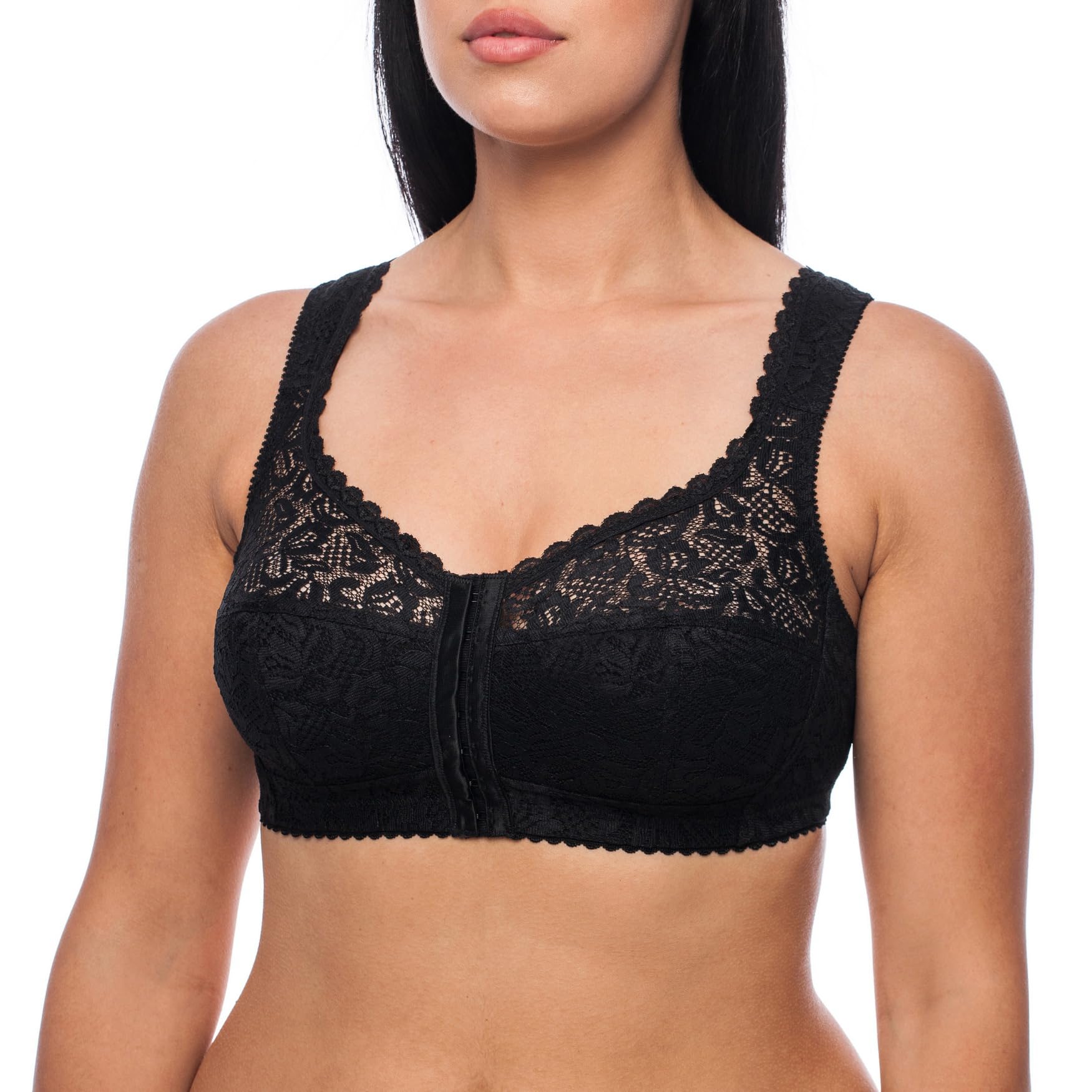 frugue Women's Front Fastening Bra Plus Size Wireless Minimiser Support UK Black 44 DD
