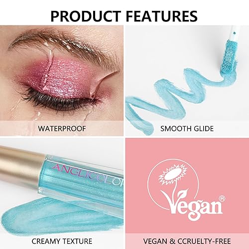 Miniatura 4 de Anglicolor Sombra de ojos con purpurina de diamante, sombra de ojos líquida de larga duración, secado rápido, ligera y suave, sombra de ojos