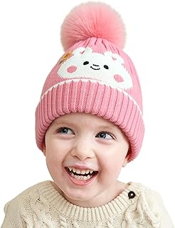 Tomorrow Kids Beanie Hat - Winter Slouch Hat with Pom Pom - Unisex Knit Cartoon Hat - Children's Winter Hat with Faux Fur ...