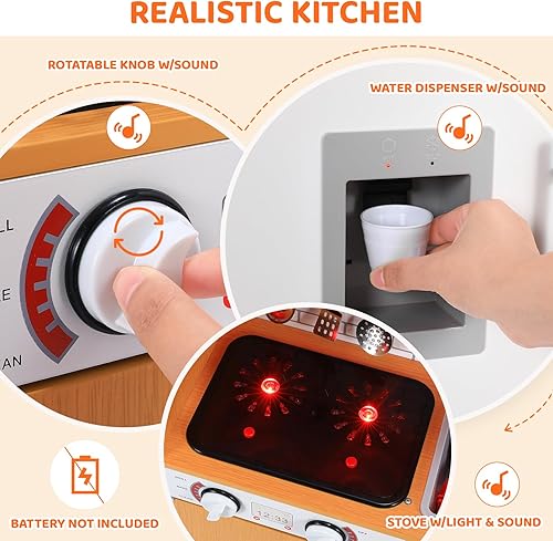 Miniatura 3 de MAMIZO Cocina de juguete para niños, cocina de juguete de chef de madera con lavadora, dispensador de agua, estufa, sonido y luz reales, teléfono,