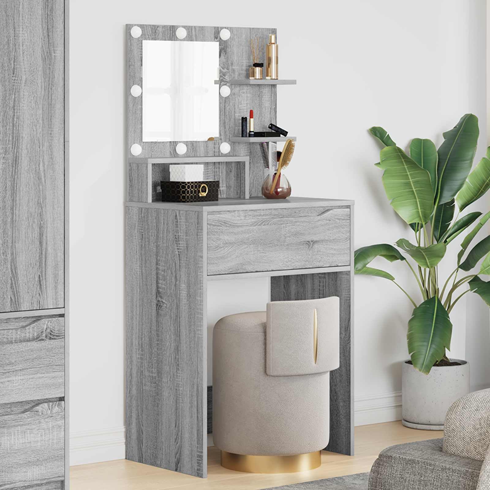 Générique Schminktisch mit Schublade, Grau, Sonoma Holz | Hollywood-Beleuchtung, integriertes kabelloses Ladegerät, Beleuchtung mit Kippfunktion, für Schlafzimmer