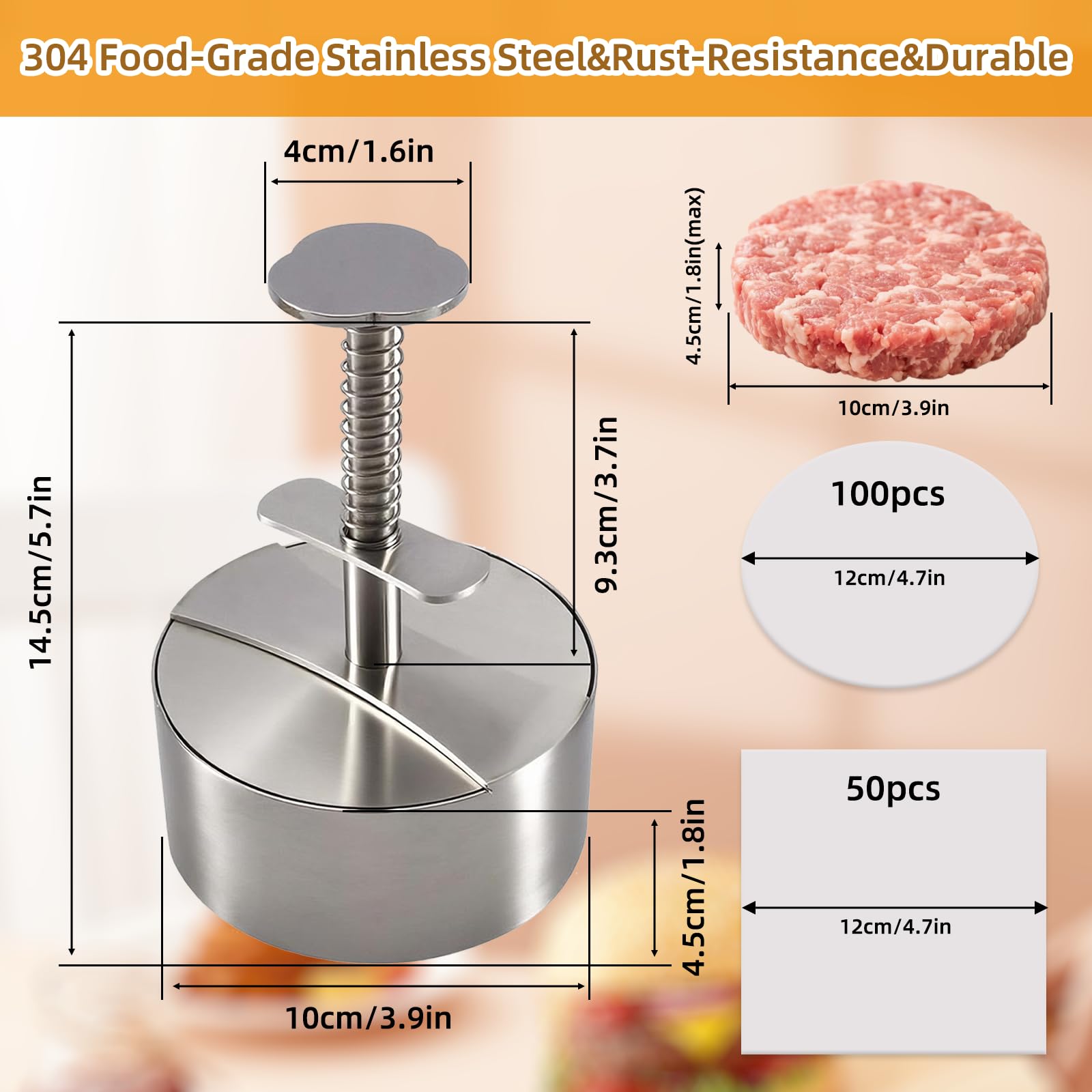 304 Edelstahl Burger Presse, Verstellbarer Hamburger Patty Maker mit 150 Stück Burger-Papier, Robuste Antihaft-Patty-Form für Rindfleisch, Gemüse, Fleisch, BBQ, Partygrill