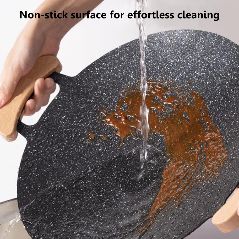 Korean Grill Pan with Nonstick Coating, 13" Round Cast Iron Griddle Pan with 2 Wooden Holders, Compatible for Induction, Gas Stove, Electric Cooktop, Indoor or Outdoor Grilling