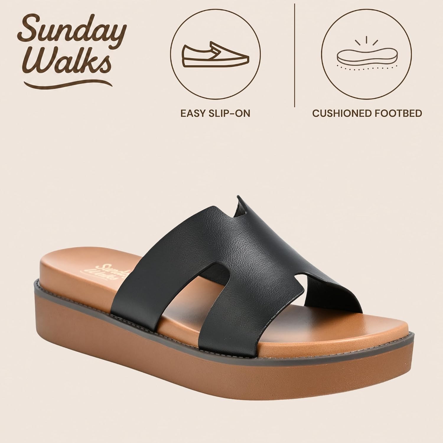 Women’s Platform Slide Sandal EASY, Wide Cutout Strap, Open Toe, Cushioned Footbed, Lightweight Summer Slip-On