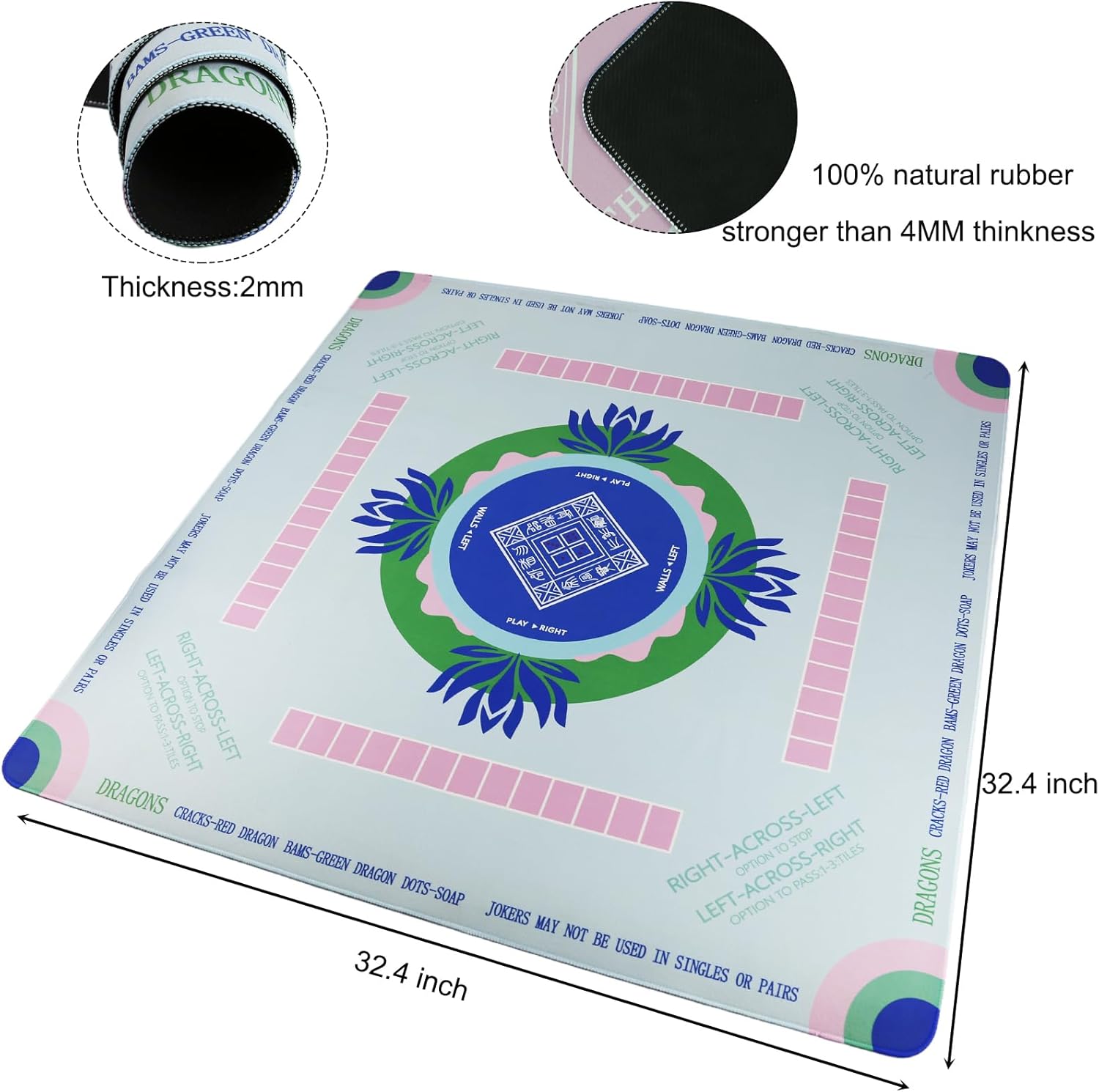 Mahjong Mat, Non-Slip Noise Reduction Card Game Mat with Carrying Bag, Waterproof Table Mat for Mahjong/Poker/Board Games/Dominoes, Sky Blue, 32.4x32.4 Inch