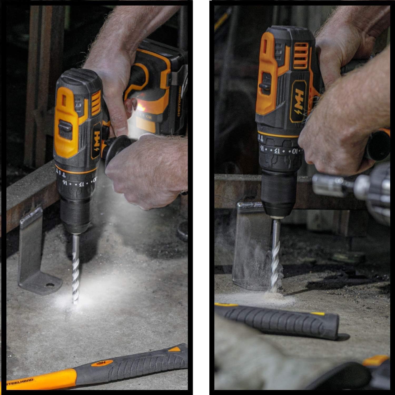 User operating the MOTORHEAD drill driver in hammer drill mode on concrete and metal