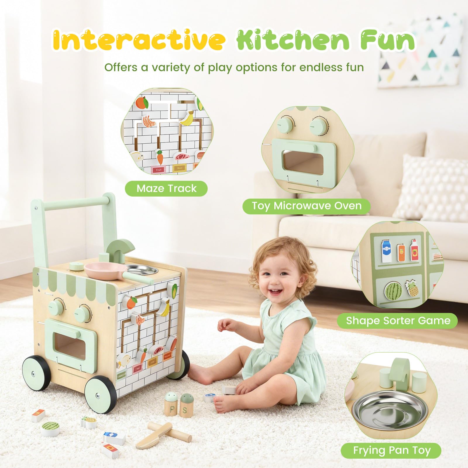Andador Bebes, Andador Madera Bebé Desde 12 meses - con Centro de Actividades (Utensilio de Cocina, Pista de Laberinto de Frutas) Baby Walker Regalo ideal para niños y niñas de 1 a 3 años