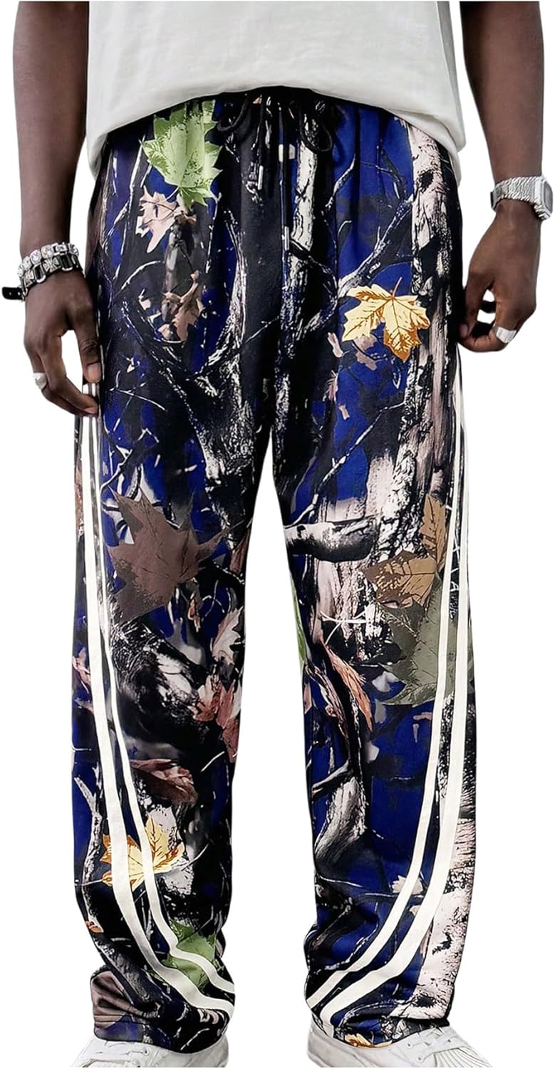 GORGLITTER Men's Camo Sweatpants Drawstring Waist Patchwork Stacked Flared Joggers