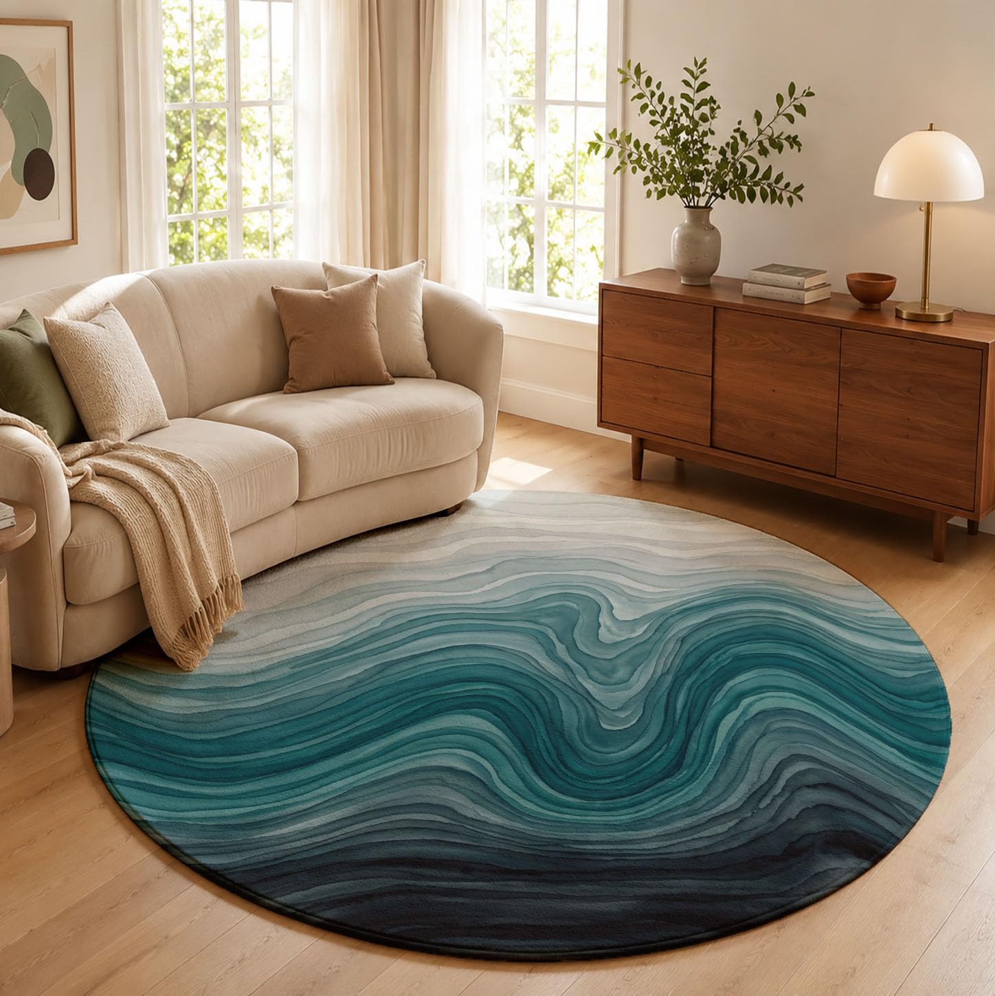 Tapis Rond 180cm Texture Ondulée À Gradient pour Chambre | Art Abstrait À L'Aquarelle Rond Tapis Antidérapant Lavable en Machine Cuisine Salon Adulte Interieur Bureau Cuisine Decoration