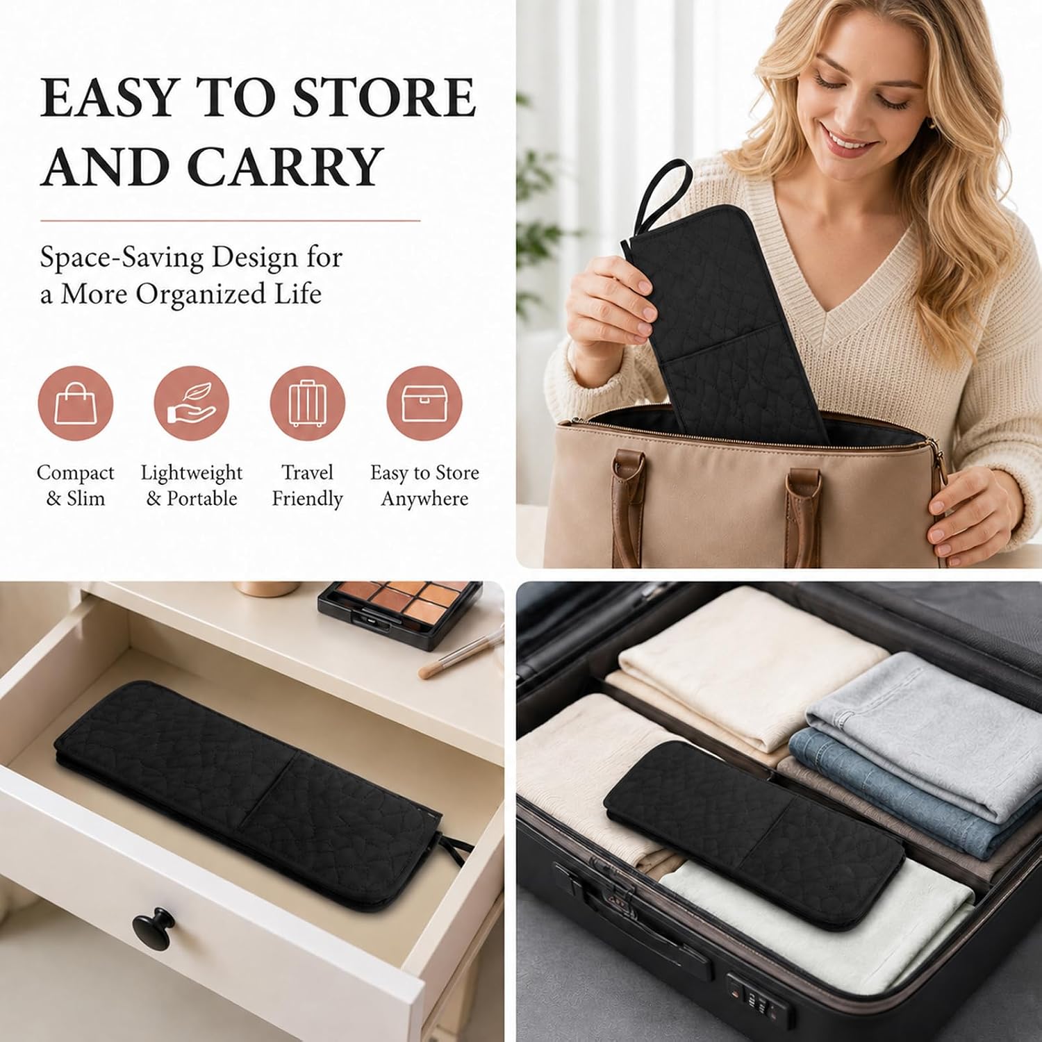 2-in-1 Heat Resistant Hot Tool Mat and Organizer | Portable Travel Curling Iron Holder & Flat Iron Storage Mat with Heatproof Lining | Black Styling Tools Pouch for Hot Straightener and Wand