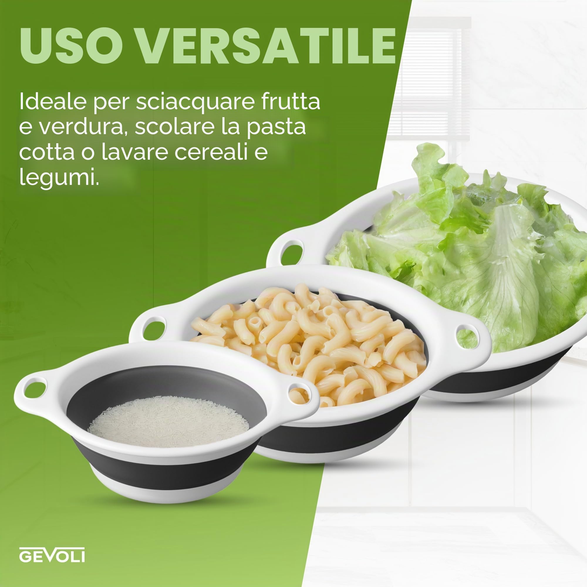 Gevoli Set di 3 scolapasta pieghevoli con base di scarico dell'acqua sopra il lavello per pasta, frutta e verdura (brevetto in attesa di registrazione), bianco (3 misure, 3QT, 4QT e 5 quarti)