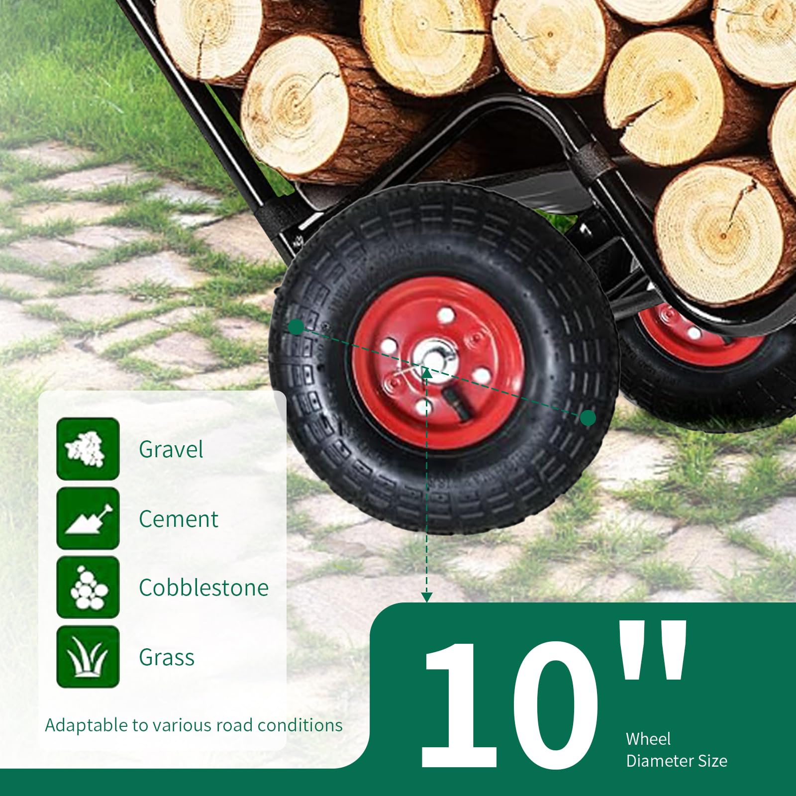 Carrello per legna da ardere con ruote in gomma, supporto per legna da ardere, 113,4 kg, nero, resistente, in acciaio, con copertura in PVC verde