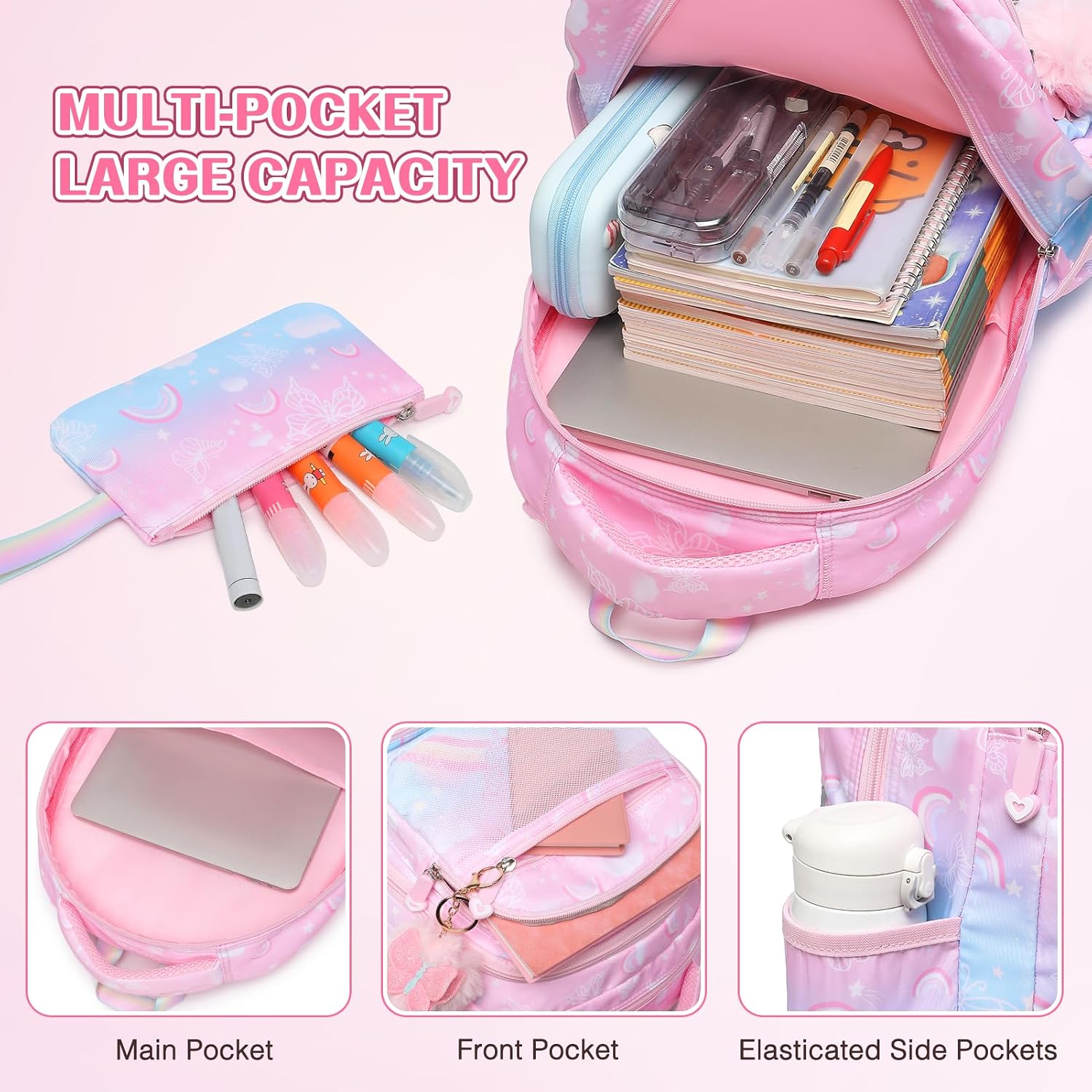 3pcs Rainbow Butterfly Girls Backpacks Lunch