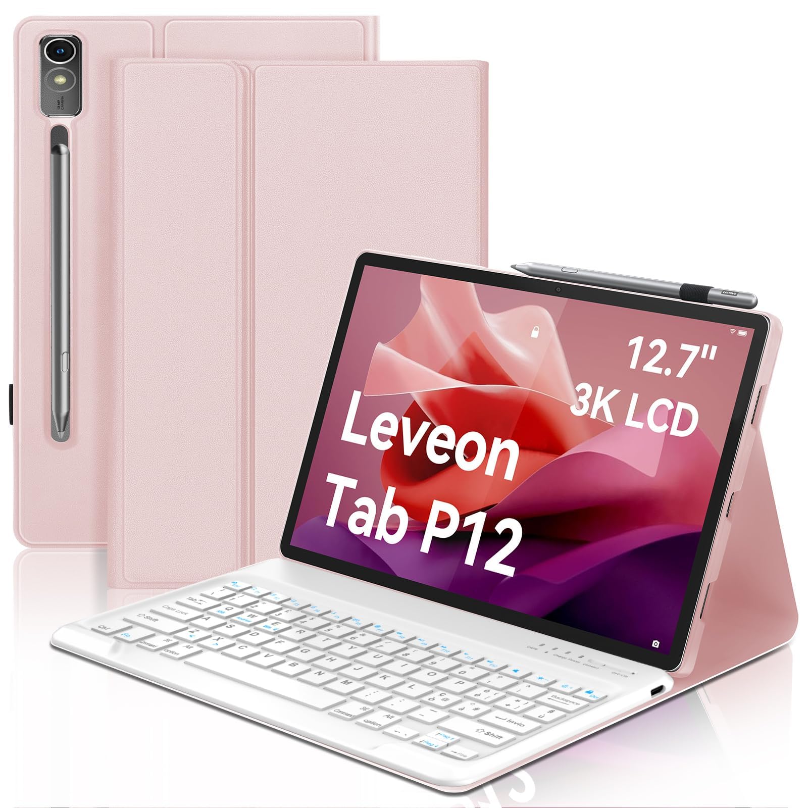 Occtingkind Tastiera per Lenovo Tab P12 2023 - Custodia con Tastiera Bluetooth Rimovibile per Lenovo Tab P12 TB370FU, Layout Italiano, USB C, Senza Retroilluminazione Senza Touchpad, Rosa chiaro