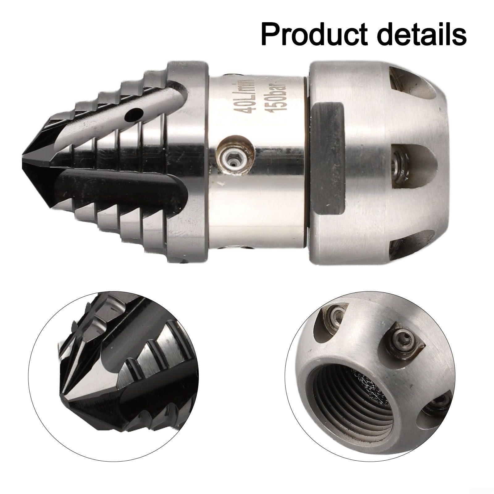 Boquilla de limpieza de drenaje de alta presión de acero inoxidable, construida para una eliminación eficaz de obstrucciones y restauración de flujo de residuos (40 l/min, 150 kg)