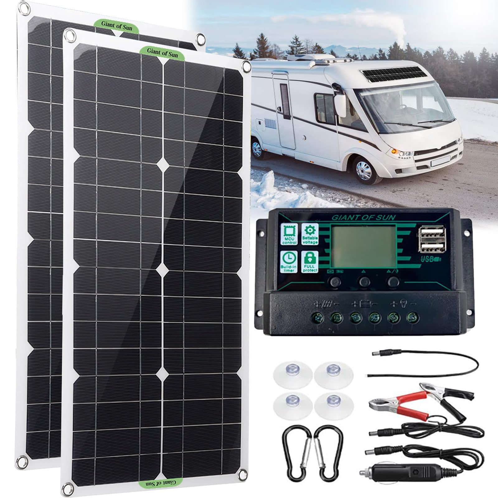 SNBGRYE Panel Solar Monocristalino, con Controlador 10A/20A/30A, USB Dual, Se Puede Utilizar para Cargar BateríA De 12V/24V, MóDulo Fotovoltaico De Panel Solar PortáTil,500W-20Acontroller