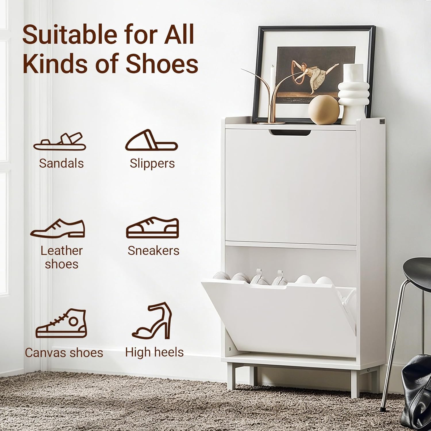 Haotian Slim Shoe Cabinet Entryway, Hidden Shoe Storage with Two Flip Drawers to Save Space, Freestanding Shoe Rack for Front Door, Entryway, Hallway (White)