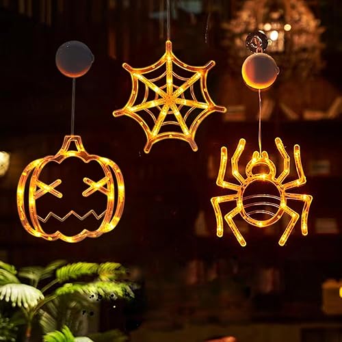 Halloween Decorative Fenster Licht 3 Stück, Orange Deko Lichter Hängende Warmweiß Kürbisse Spinnen Spinnennetz Dekorative Lampe für Halloween Party Balkon