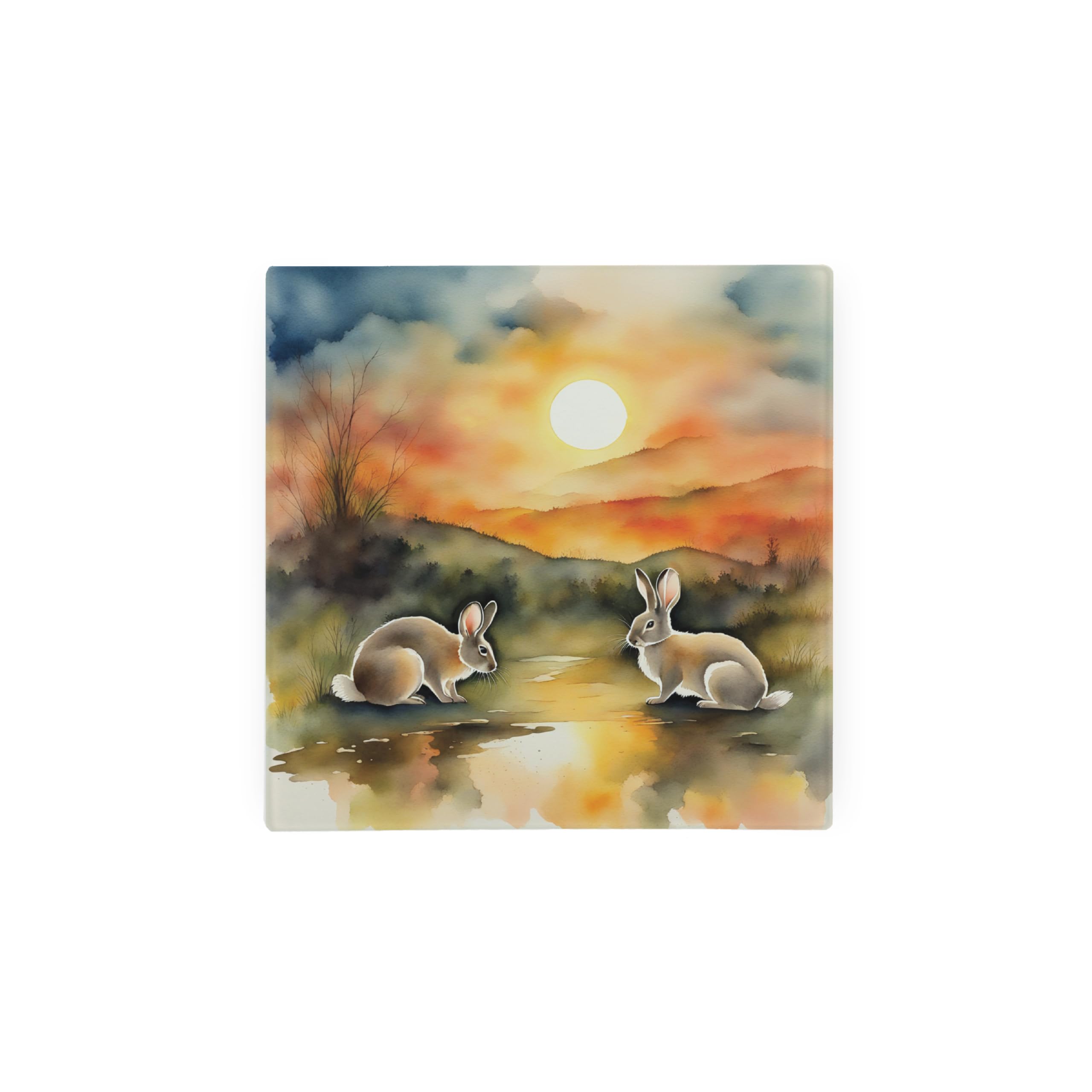 Rabbits Hot Pot Stand Trivet - British Wildlife Art Glassware Gift/Present - Kitchen Chopping/Cutting Board Worktop Protector with Non-Slip Feet 20cm x 20cm (8" x 8")