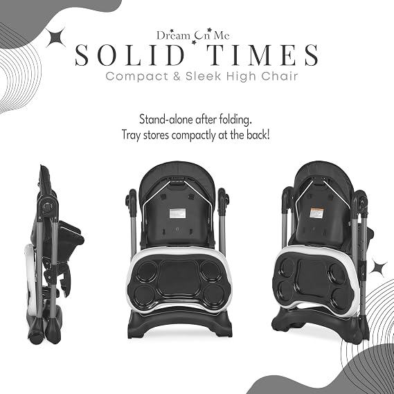 Dream On Me Solid Times High Chair for Babies and Toddlers in Black, Multiple Recline and Height Positions, Lightweight Portable Baby High Chair, 5 point Safety Harness, Easy to Clean Surface