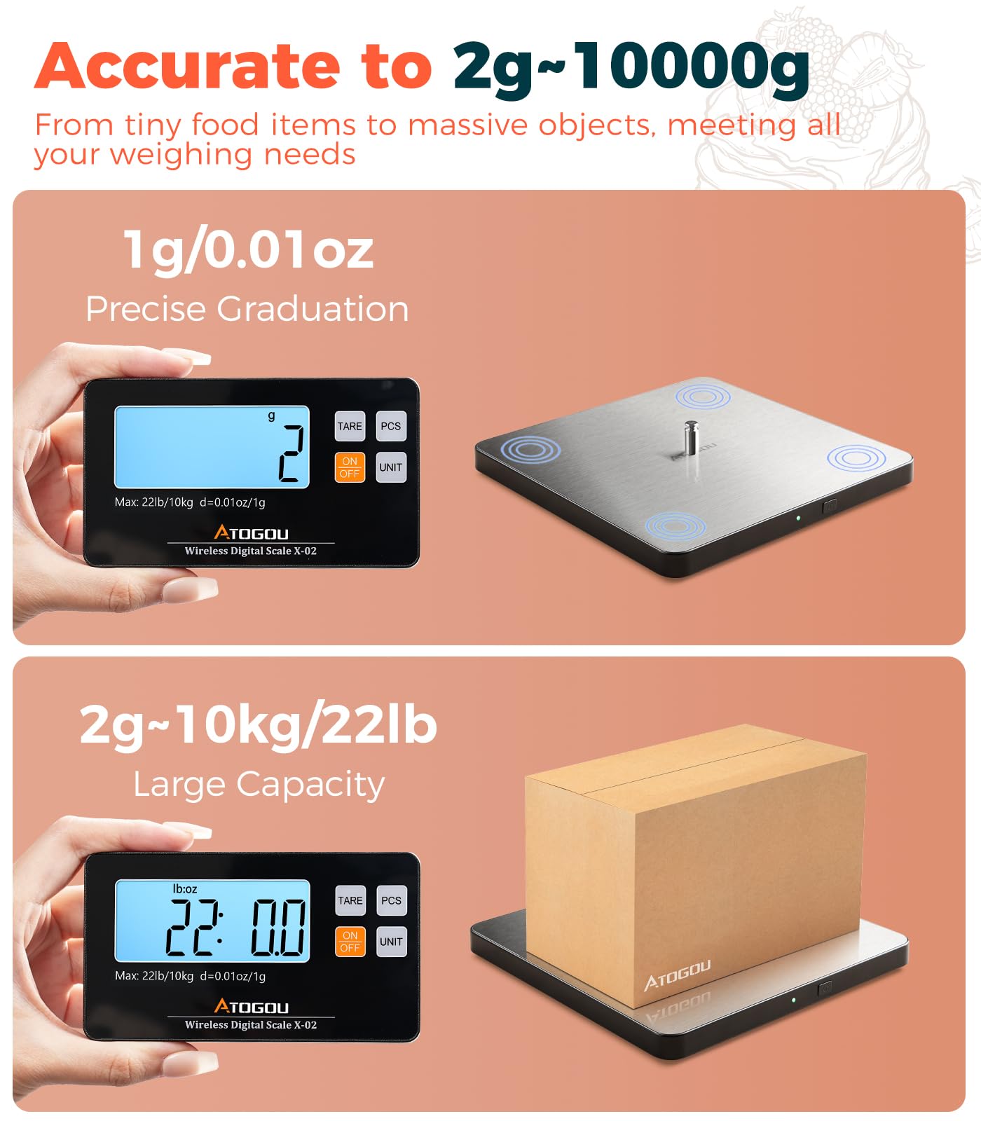 Atogou Báscula de cocina inalámbrica, 22 lb/10 kg con pantalla desmontable y plataforma más grande, 0.01oz/1g, 9 unidades, función de conteo, acero inoxidable, para cocinar, hornear, envío, plateado