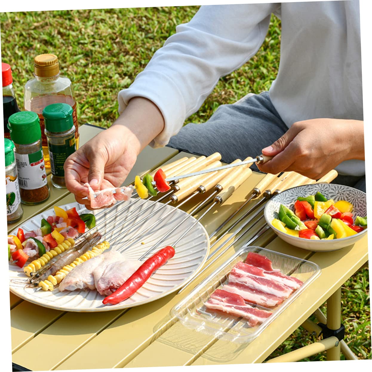Brochetas Barbacoa De Palitos Inoxidable y Madera Duraderos y Fáciles De Limpiar