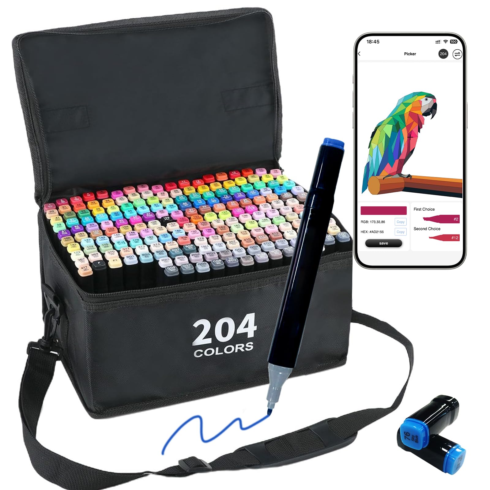 Vokiuler 204 Farben Marker Stifte, Alkohol Marker mit kreativer App, Twin Marker Set für Erwachsene, Künstler und Illustratoren, Als Geschenk mit Tragetasche