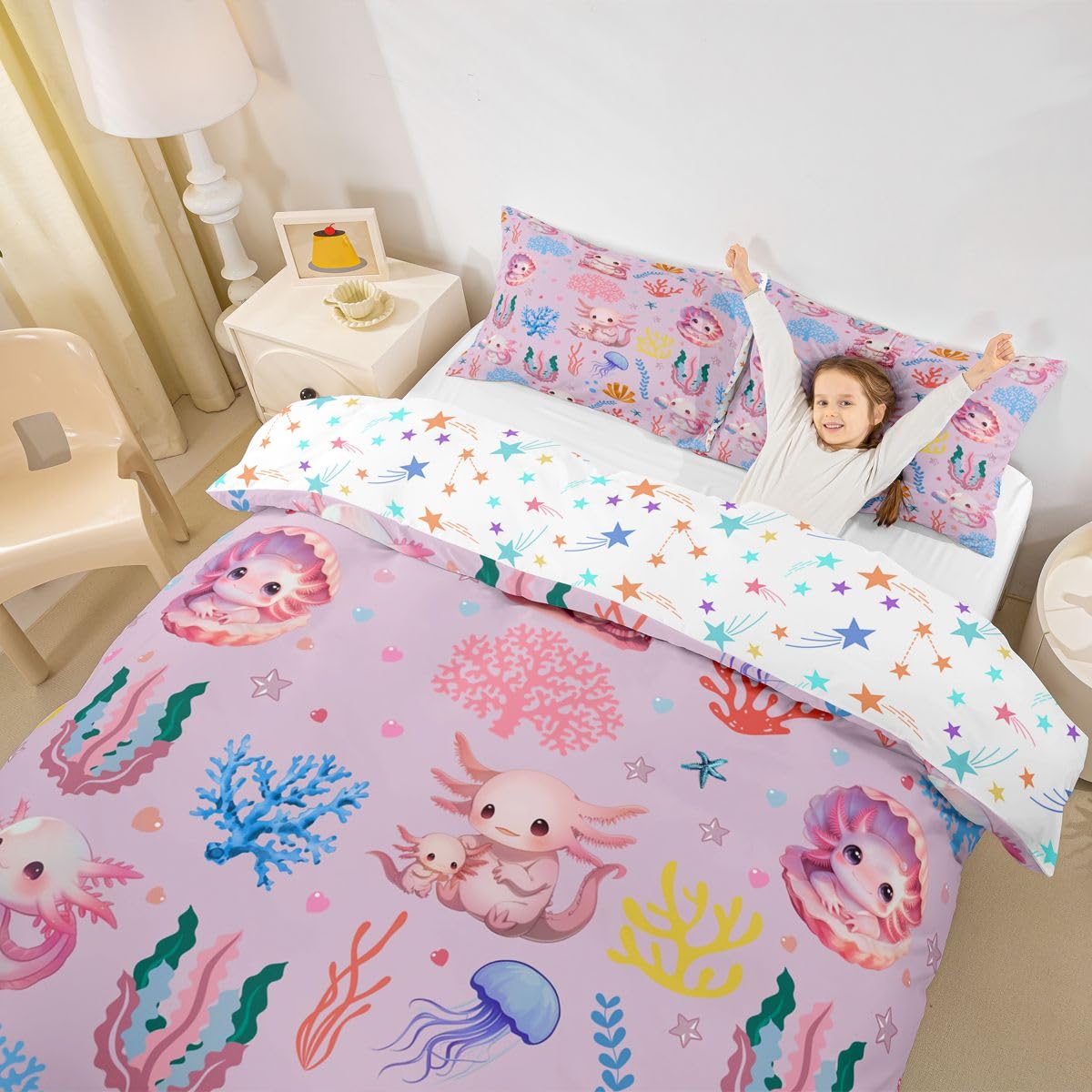 Homewish Różowa urocza pościel król aksolotl koral rozgwiazda meduza poszewka na kołdrę zestaw marzycielski podwodny świat poszewka na kołdrę kreskówka gad zwierzę zestawy łóżek