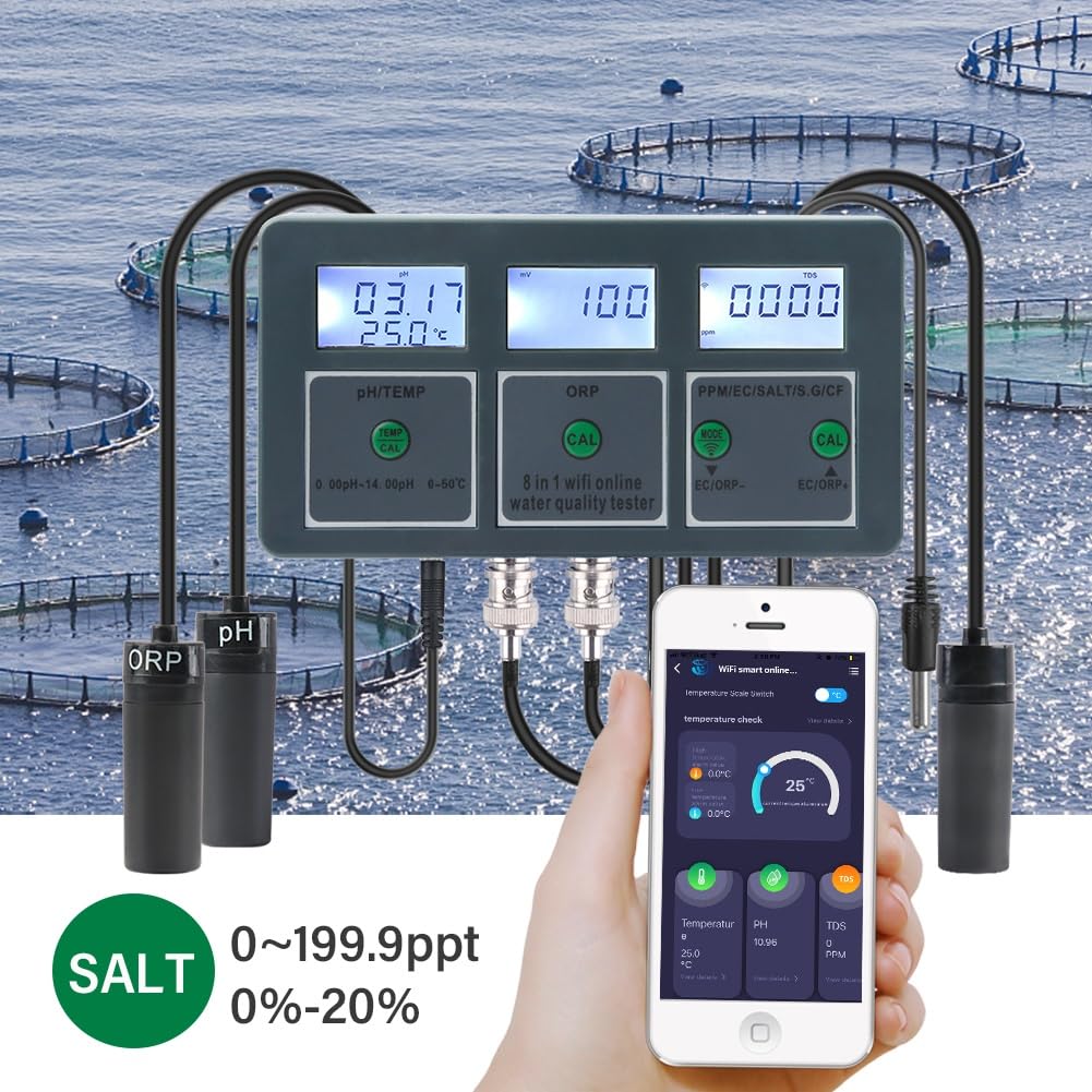 Probador de agua inteligente, monitor de calidad del agua WiFi, medidor de pH, registrador de datos, temperatura TDS, salinidad, SG EC ORP, analizador for acuarios, hidroponía de piscina