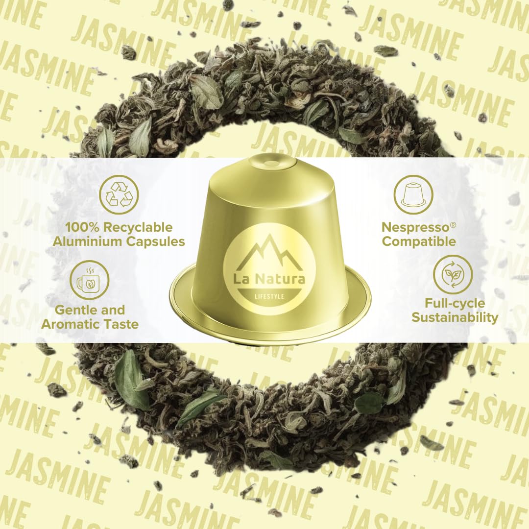 La Natura Lifestyle 120 x zielona herbata jaśminowa w kapsułkach aluminiowych, kompatybilne z ekspresami na kapsułki Nespresso®³, w 100% nadaje się do recyklingu, naturalny zielony jaśmin herbata z