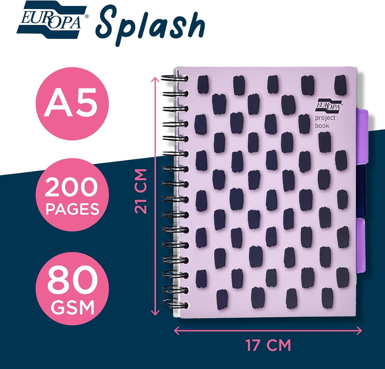 Exacompta Europa Splash - Ref EU1508Z Project Book Featuring 3 Plastic Dividers, Bright PP Cover, 200 Lined Pages, A5 Size with Micro-Perforated Pages, Purple Cover