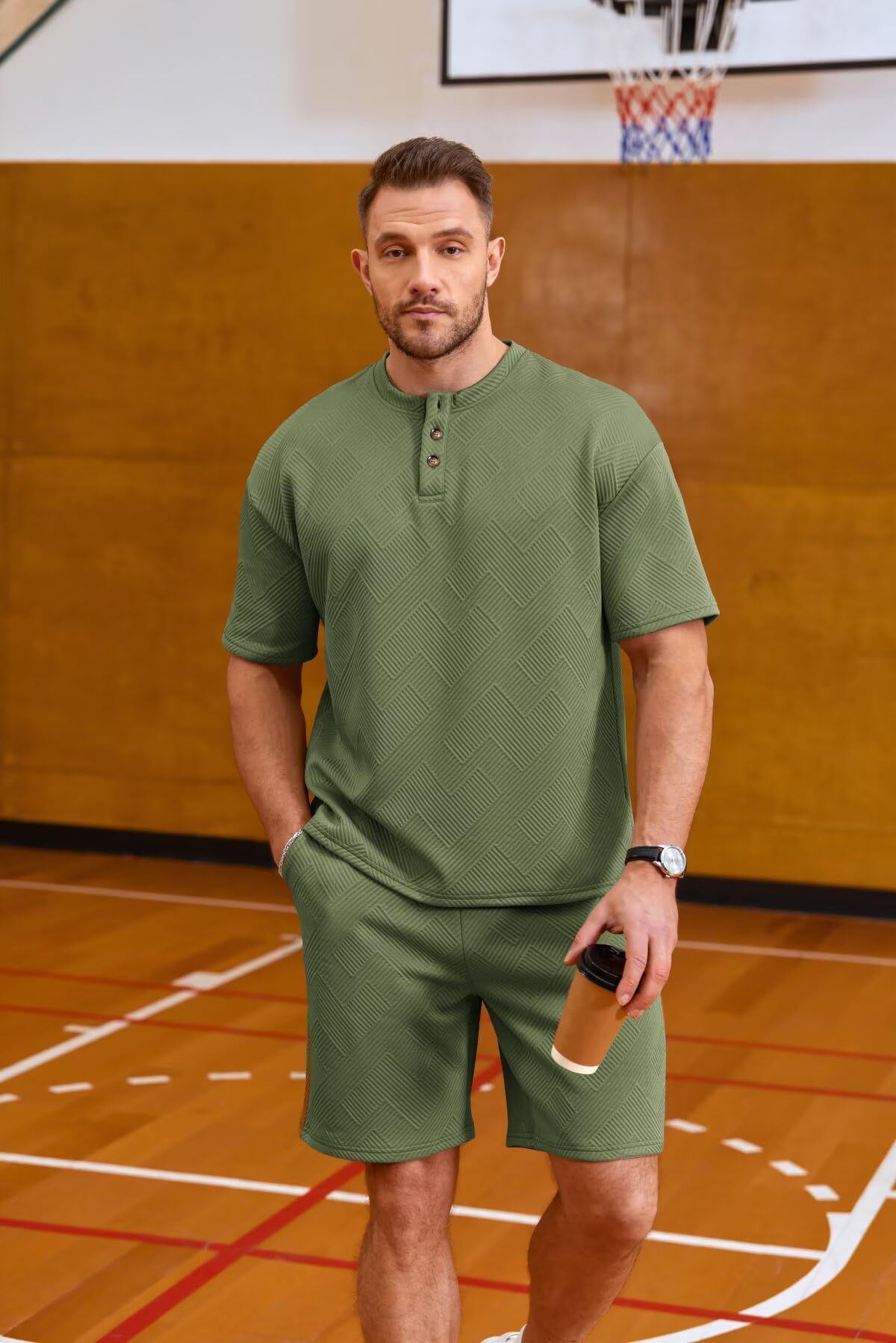 Remxi Conjunto deportivo de 2 piezas para hombre, con camiseta Henley de jacquard y pantalones cortos, conjuntos casuales para correr, conjuntos de verano a juego