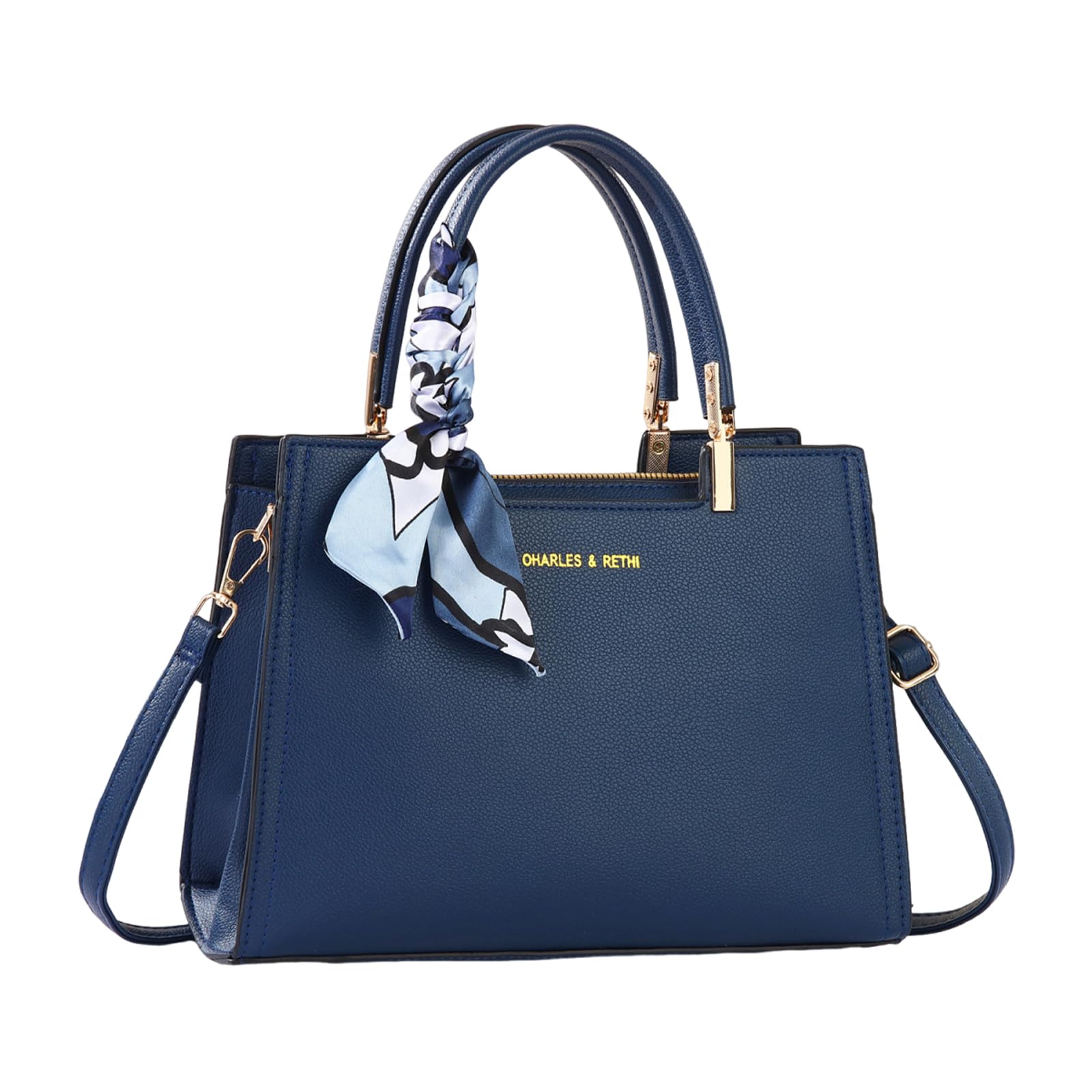 Elegante Bolso de Mano Mujer Bolso Bandolera de Cuero PU Bolsos de Hombro con Decoración de Paño de Seda Bolsos Cruzados con Múltiples Bolsillos Tote para Viajes Compras Trabajo Azul Zafiro