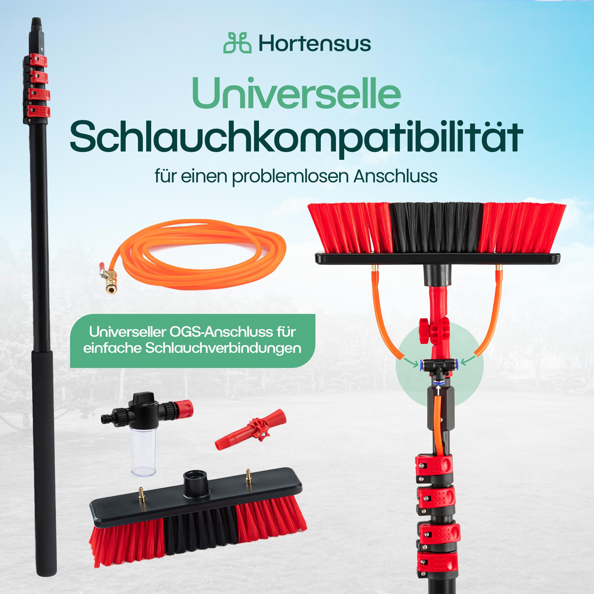 Teleskop Waschbürste mit Wasseranschluss, 4,6 m | Ausziehbarer Teleskopstiel, Für Autos, Wohnmobile, Photovoltaik, Solaranlagen, Terrassendächer, Fassaden, Dakgootreiniging