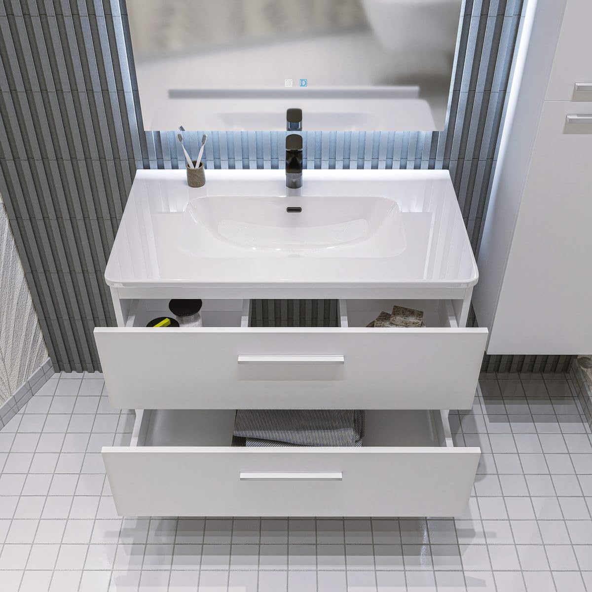 MarinelliGroup Mobile bagno SOSPESO 60 80 100 120 cm con lavabo in ceramica 2 cassetti LINDA (120 cm, Bianco)