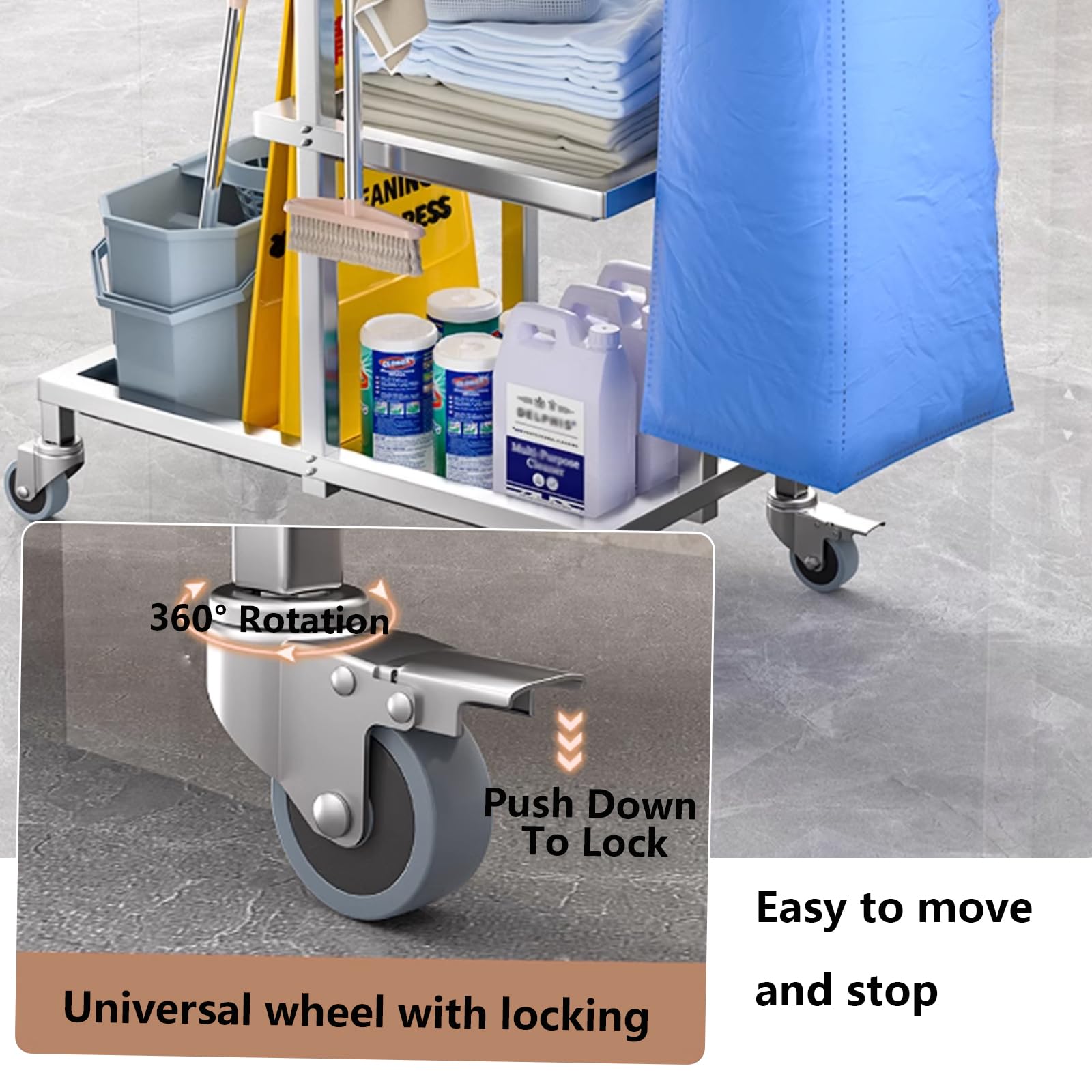 Carro de limpieza profesional, 3 niveles de gran capacidad, de acero inoxidable, organizador de suministros de limpieza