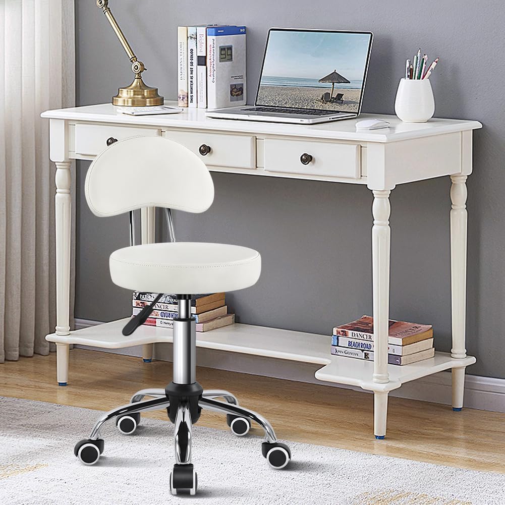 KKTONER White Rolling Stool with Mid-Backrest Height Adjustable PU Leather Swivel Chair for Drafting Office Salon 300lb Capacity
