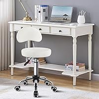 KKTONER White Rolling Stool with Mid-Backrest Height Adjustable PU Leather Swivel Chair for Drafting Office Salon 300lb Capacity