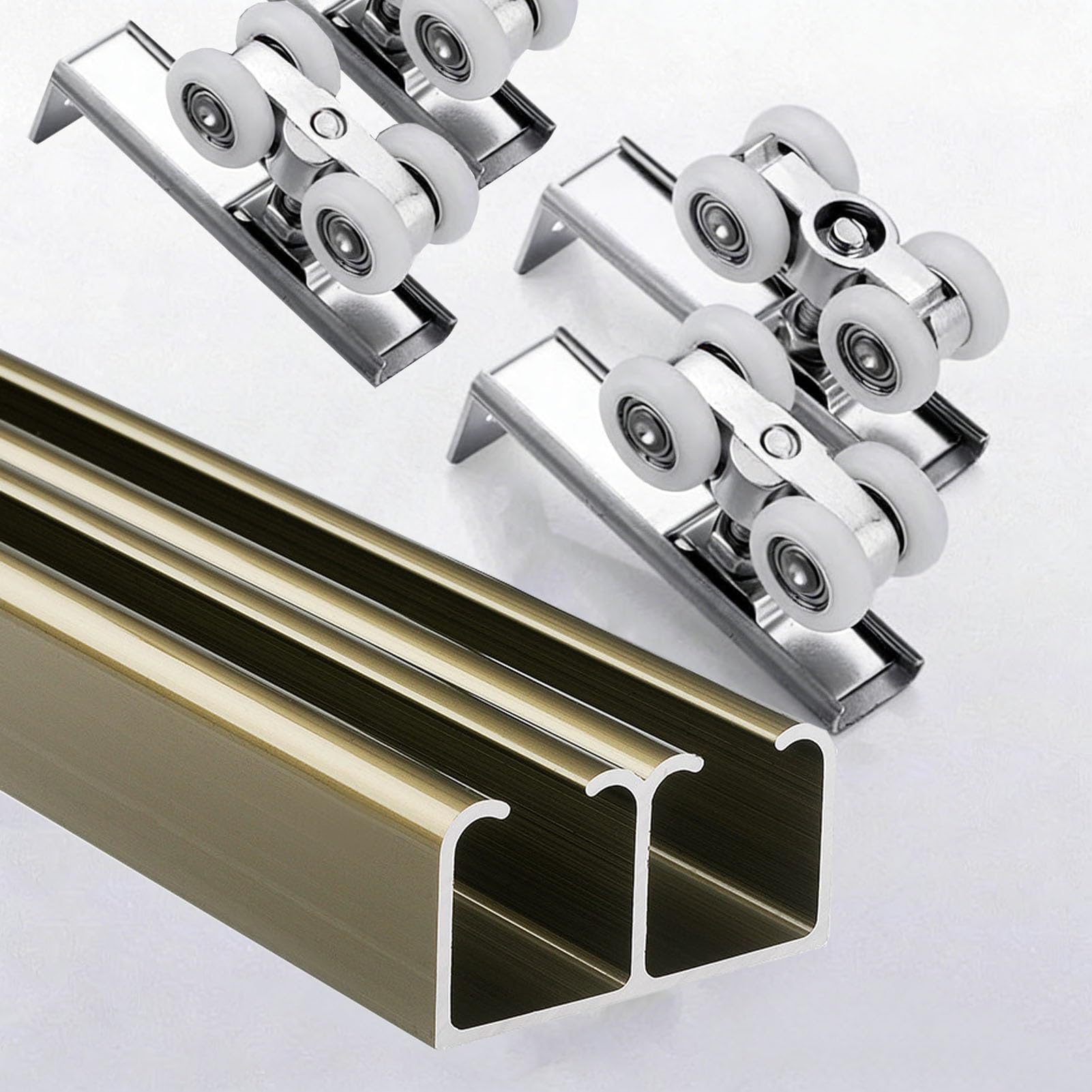 Sliding Door Track, Bypass Barn Door Hardware Kit Double Track Heavy Duty Silver Champagne 1.1-4.0m 18-24mm(Champagne,2.9m/9.5ft)